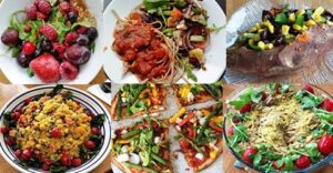 Six different colorful plant-based dishes.