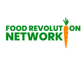 Logo of the Food Revolution Network, featuring the text FOOD REVOLUTION NETWORK in green. The I in REVOLUTION is replaced by an orange carrot with green leaves.