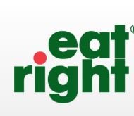 Logo with green text reading eat right. The dot over the i in right is red.