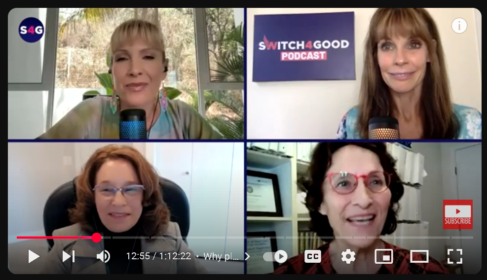 A video thumbnail featuring a split screen with four women speaking into microphones. The backdrop includes a Switch4Good Podcast sign. A YouTube menu bar is visible at the bottom.