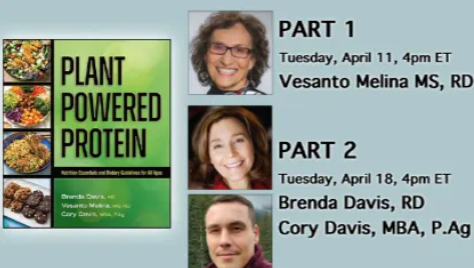Advertisement for a two-part event: Plant Powered Protein. Part 1 on April 11 features Vesanto Melina, and Part 2 on April 18 features Brenda Davis and Cory Davis. Photos of the speakers are included alongside the event details.