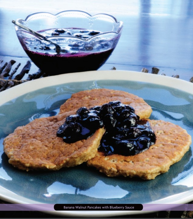 Banana Walnut Pancakes with Blueberry Sauce