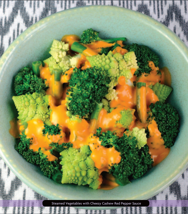 Steamed Vegetables with Cheezy Red Pepper Sauce